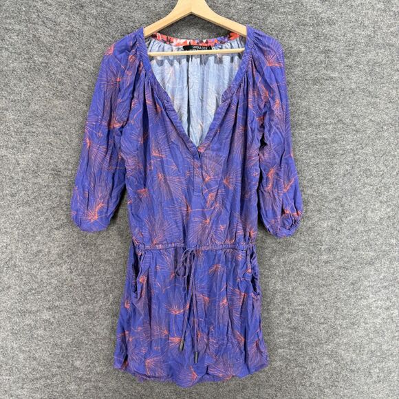 Shoulder Dress Women S Small Blue Floral Shift Short V-Neck Drawstring 3/4Sleeve - Picture 1 of 7
